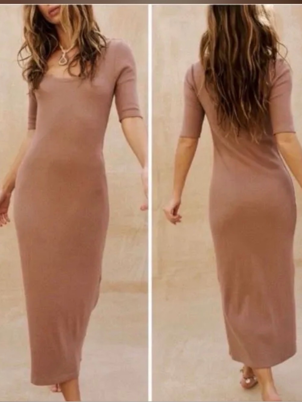 Free People Ribbed Scoop-Neck Midi Dress in Mauve Brown